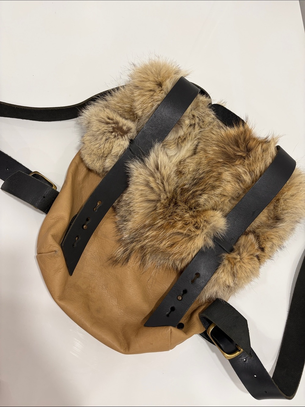 Lowell Fur Trim Tan Leather Backpack with Black Straps